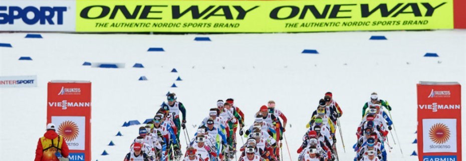 HOVEDSPONSOR: ONE WAY Sport er sponsor for Ski-VM i Falun, og er godt synlig på Lugnet Skistadion. FOTO: ONE WAY