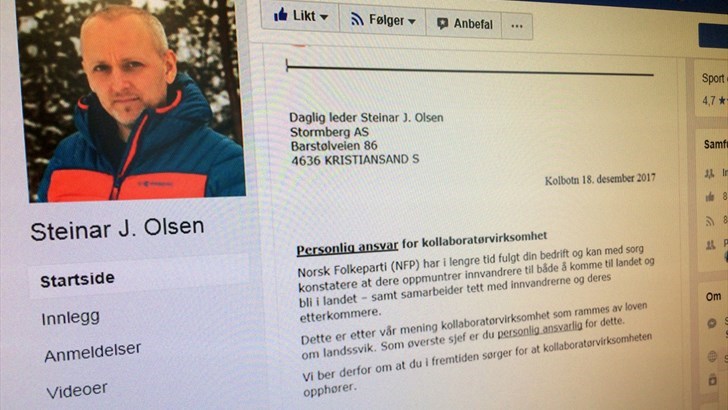 SINT BREV: Norsk Folkeparti skrev brev til Stormbergs daglige leder Steinar J.Olsen, og mente at han var landssviker fordi han tok inn innvandrere og flyktninger i bedriften. 