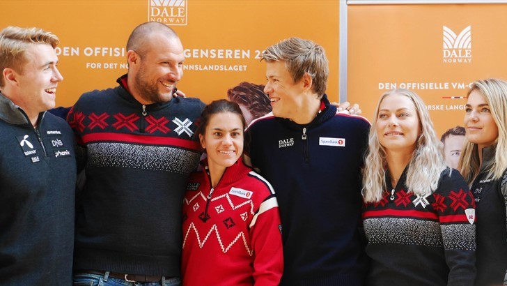Landslagsutøvere på lansering av årets VM-genser. Fra venstre, Aleksander Aamodt Kilde, Aksel Lund Svindal, Heidi Weng, Ragnhild Mowinckel, Nina Haver-Løseth.